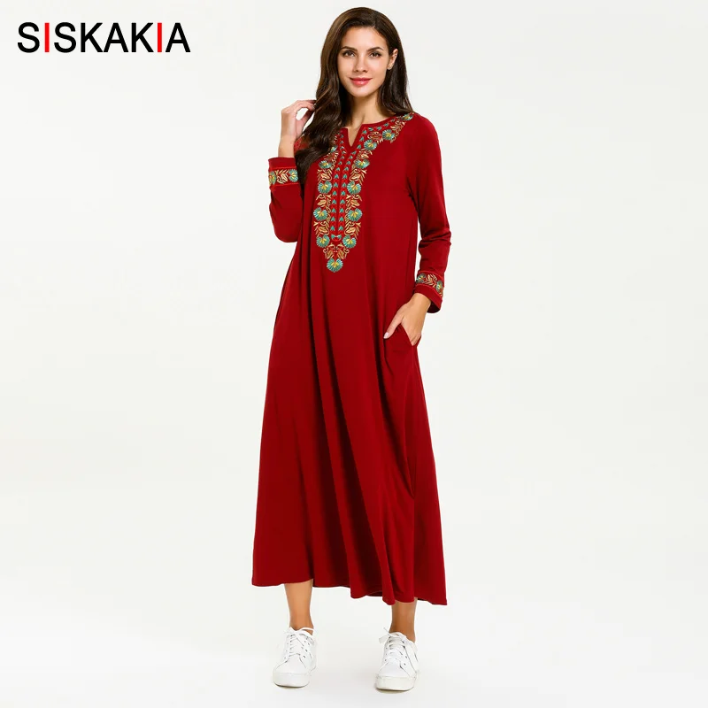 Siskakia, Цветочная вышивка, этническое длинное платье, элегантное, длинный рукав, макси платья размера плюс, повседневная женская одежда, осень, новое красное