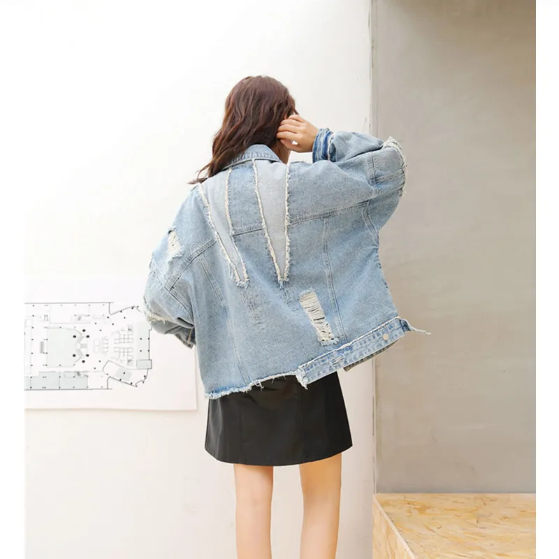 Короткая джинсовая куртка с рваными карманами Женское пальто весна-осень модные