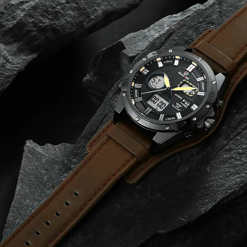 GOLDENHOUR Dual Time Цифровые Аналоговые спортивные часы мужские коричневый кожаный ремешок светильник светодиодный Будильник календарь дисплей водонепроницаемые часы