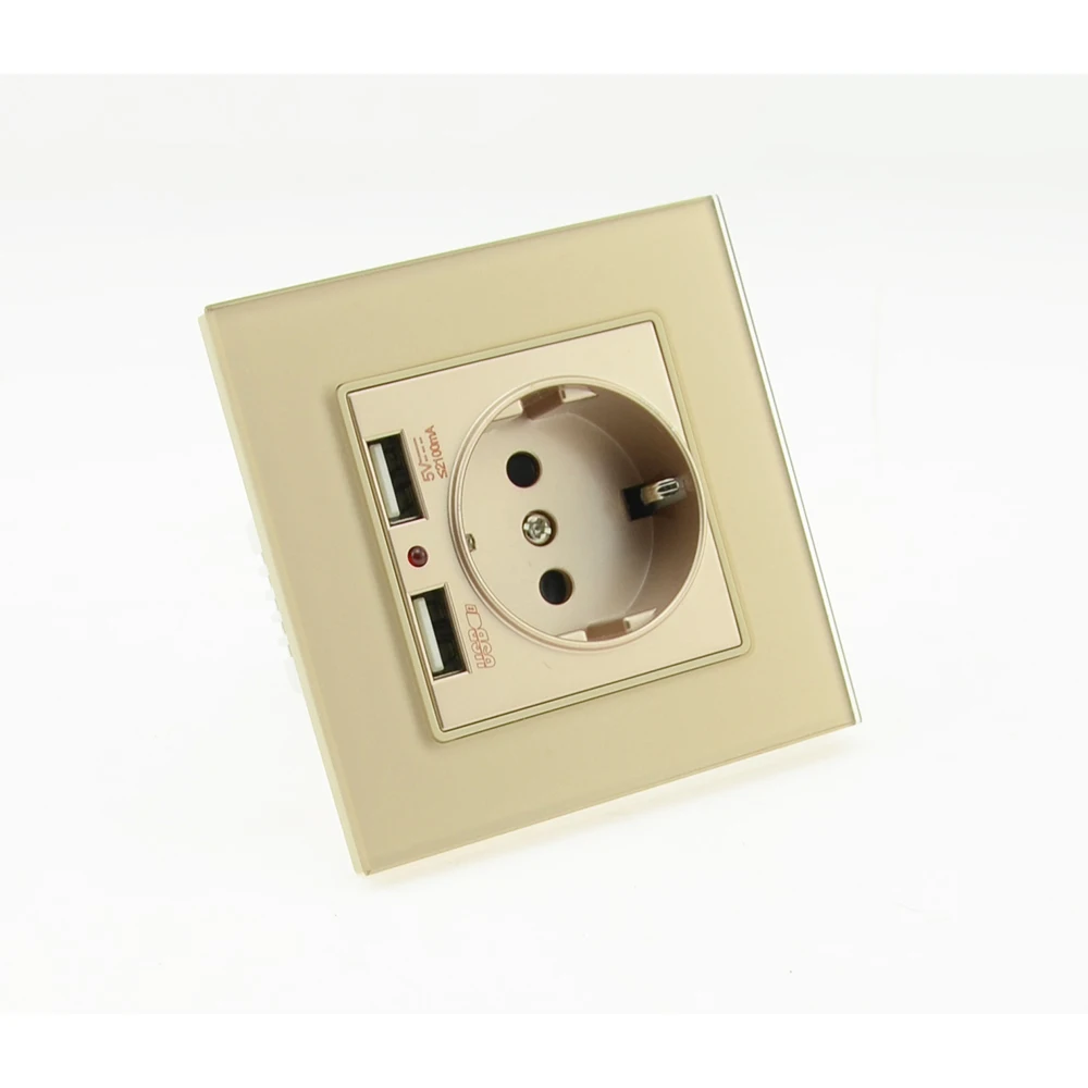 EsooLi розетка мощность 16A ЕС стандартный выход с 2A двойной usb-порт для зарядки для мобильного телефона золото закаленное стекло USB разъем