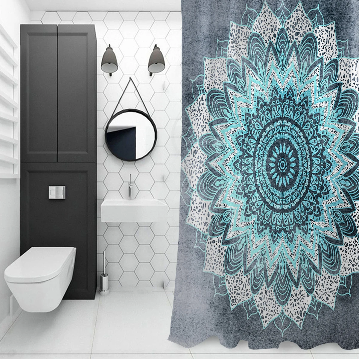 Занавески для душа WARMTOUR BOHOCHIC с мандалой в синем цвете очень длинные тканевые