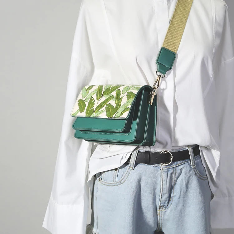 Зеленый и розовый с принтом листьев из искусственной кожи Для женщин Crossbody Сумка