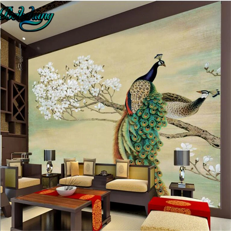 

beibehang Magnolia Peacock Background Wall Living Room Bedroom Sofa TV Background Wall Custom Wallpapers