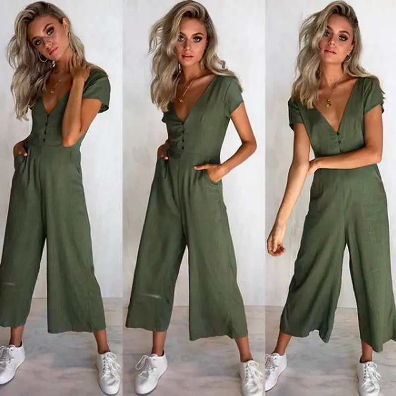 

2018 fashion Womens Jumpsuits v-neck Clubwear Playsuit Party short sleeve Jumpsuit Romper clothes Long loose wide leg rompers