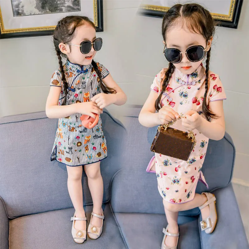 Китайское платье принцессы Cheongsam; летнее платье для маленьких девочек; детская одежда; милое хлопковое платье принцессы без рукавов с цветочным принтом