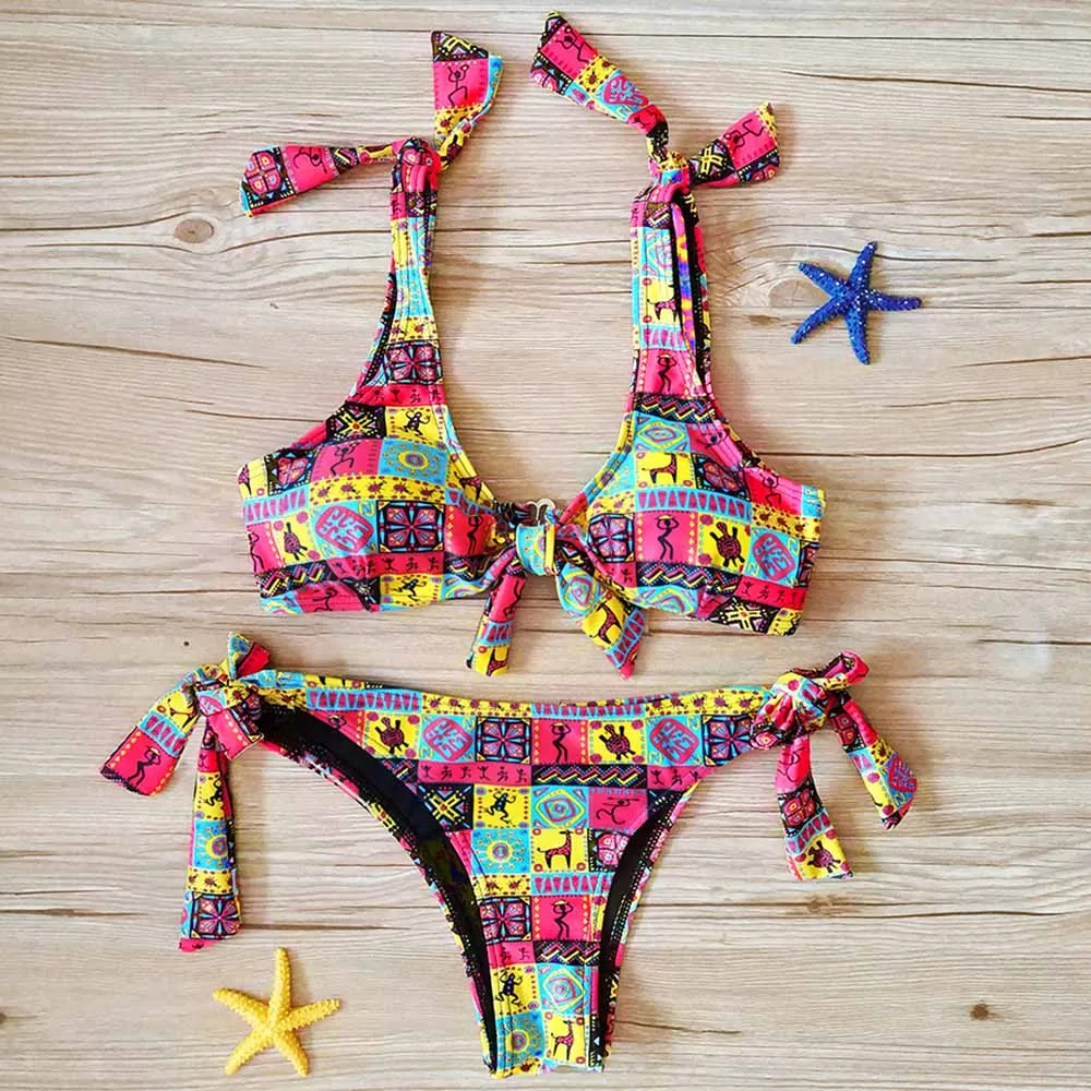 Sexy Swimwear Women 2018 Brazilian Bikini Set Tie Side Swimsuit Printed Padded Bathing Suit Female Bathers Miao Beachwer Biquine |