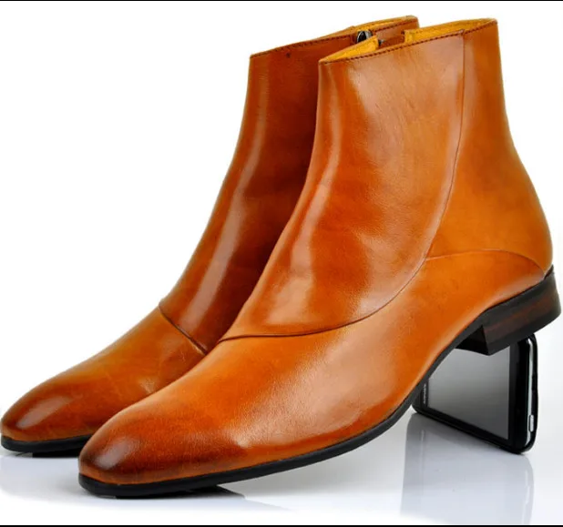 

England Style Hot Sale Men Pointed Toes Genuine Leather High Top Side Zipper Ankle Boots Men Solid Low Heel Martin Boots