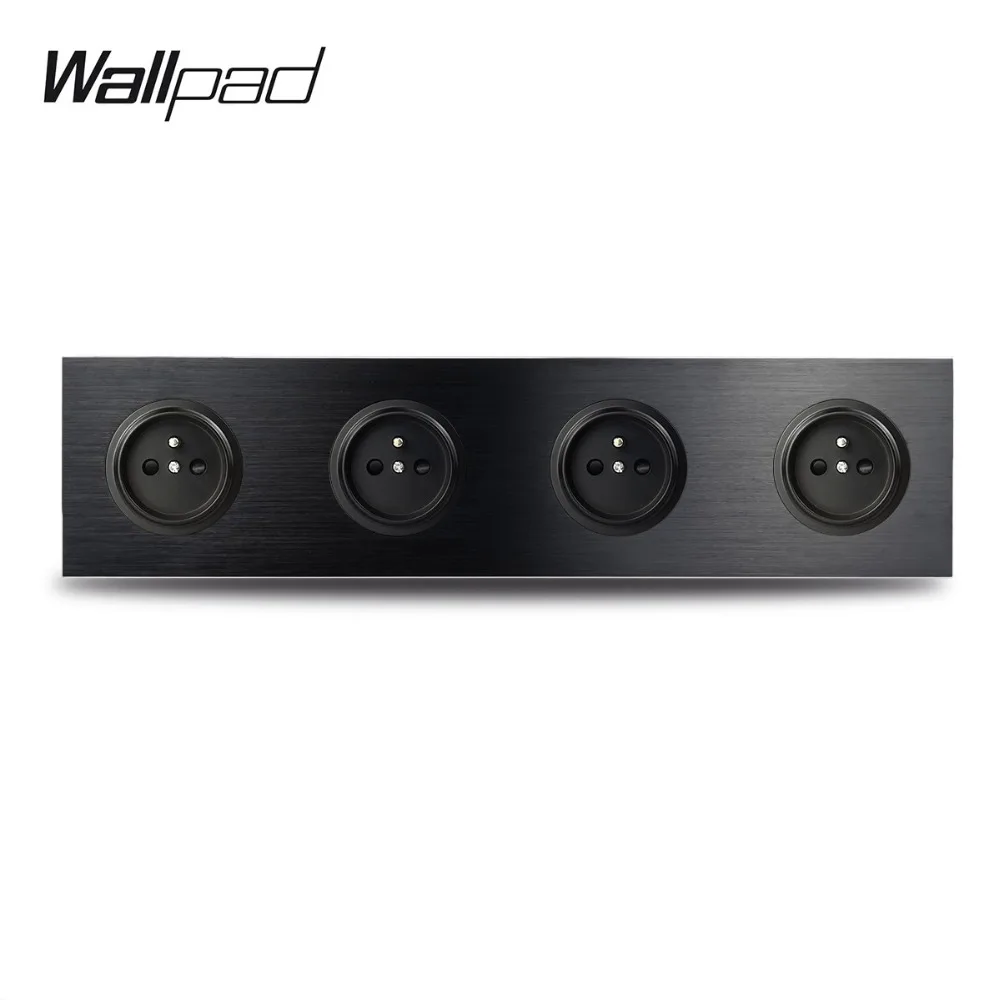 L6 Black Metal Quadruple 4 Way French Plug Electrical Outlet Wall Socket with Brushed Aluminum 344*86mm 4 Port 4 Gang