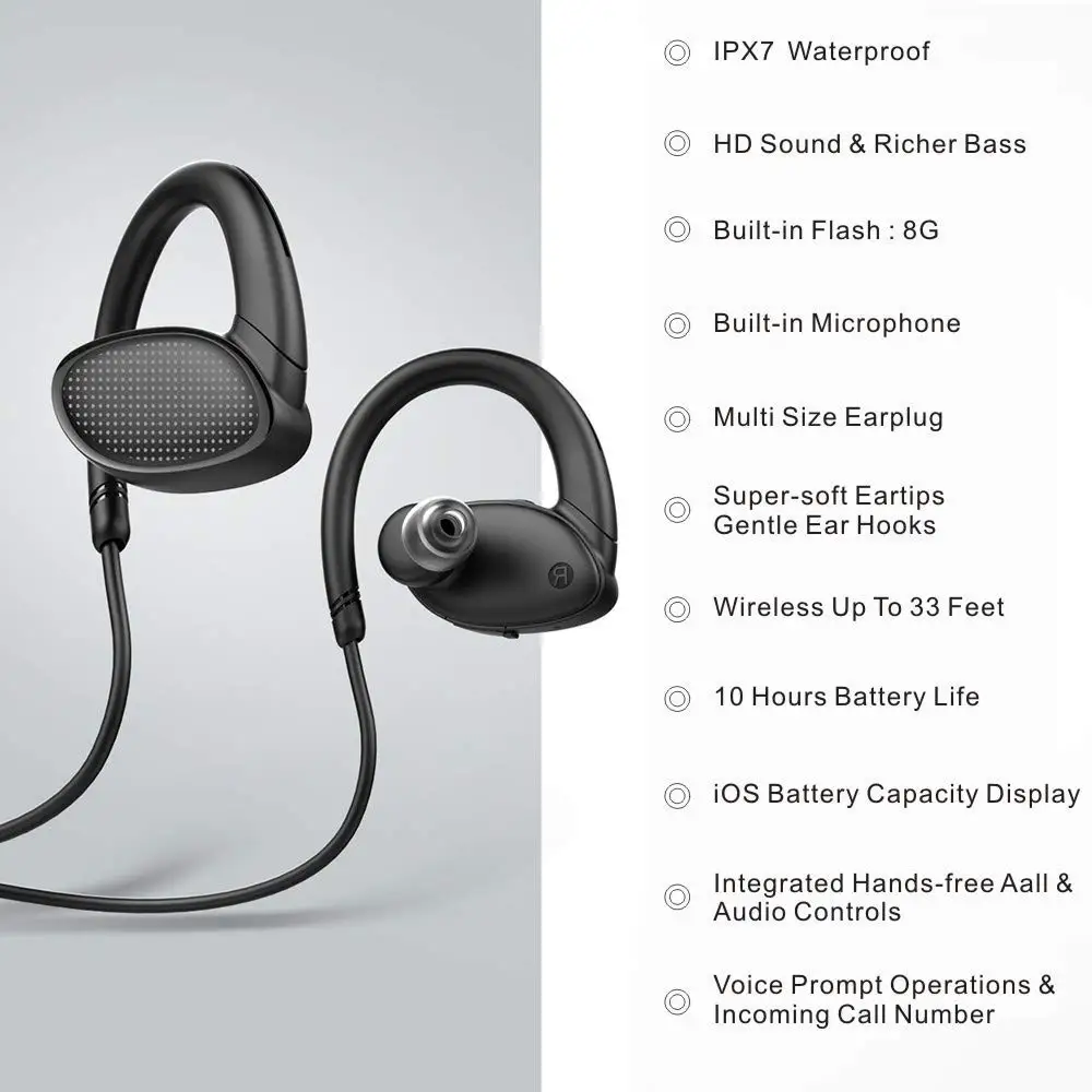OVEVO X9 Waterproof Bluetooth Headphones IPX7 Sweatproof Technology Wireless Sport Earphones with Mic Built-in Memory 8GB Blac |