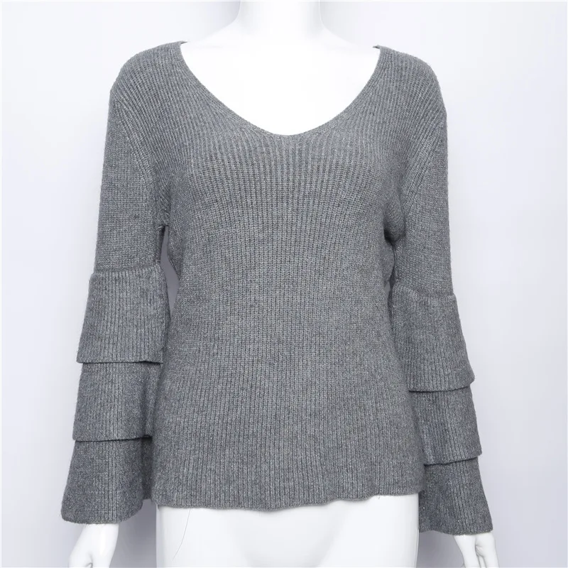 Knitted Sweater Women Peplum Tops Autumn Winter 2018 Slim Pullover Long Ruffle Flare Sleeve Casual Sweaters And Pullovers | Женская