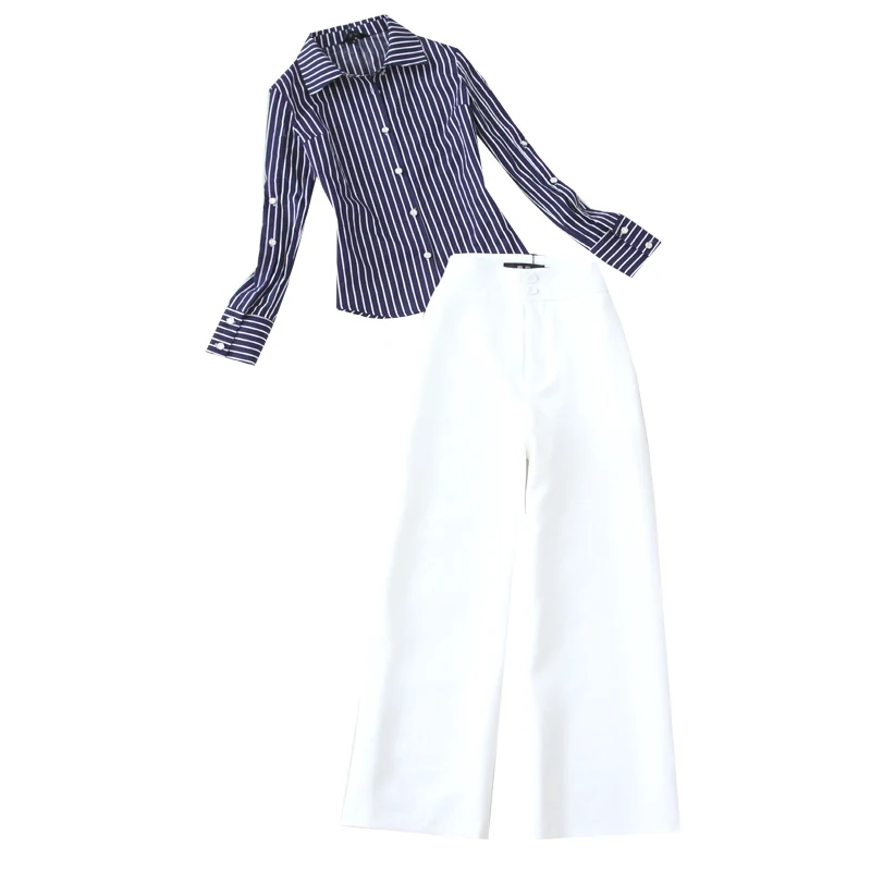 

Fashion striped suit female spring New Leisure long-sleeved shirt + white high waist wide-leg pants two-piece suit women