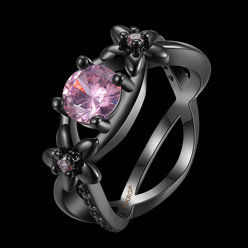 Original Hollow Out Flower Shape Black Gold Color Women Rings Fashion Party Jewelry Accessory Pink CZ Crystal | Украшения и