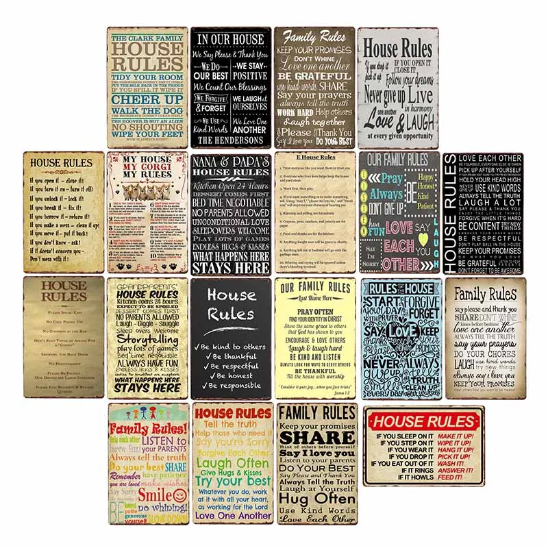 

House Rules Tin Sign Metal Plate Family Rules Vintage Plaque Retro Poster Home Decor 20x30cm