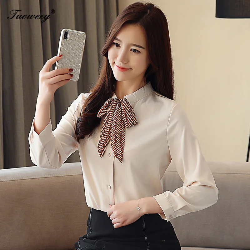 

fashion bow white blouse for women 2019 bow solid chiffon blouse shirt long sleeve women shirts OL work office blouse