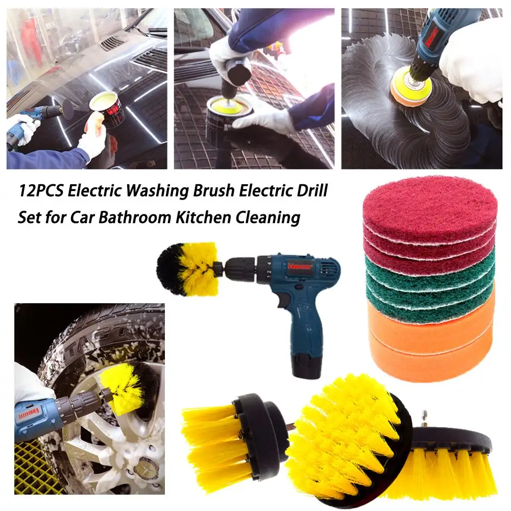 

12PCS Electric Washing Brush Electric Drill Set for Carpet Glass Car Tires Cleaning Brushes Power Scrubber Drill Brush Kit