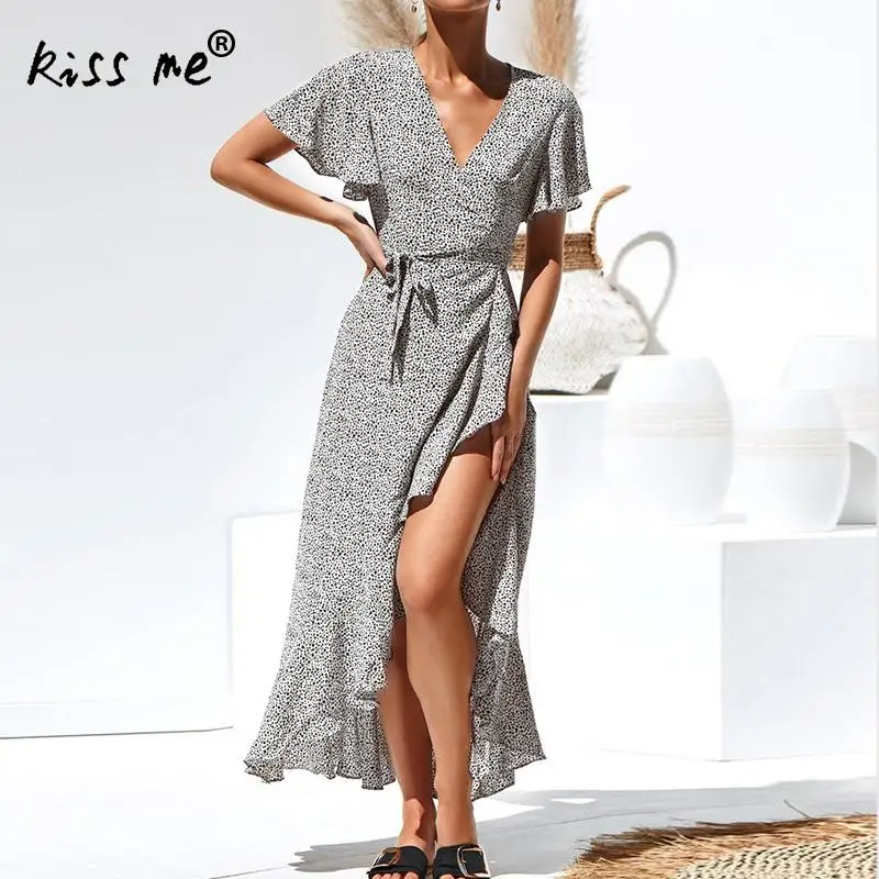 Женское длинное пляжное платье в горошек винтажное богемное Платье макси с