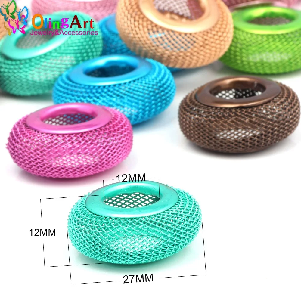 

OlingArt 12*27MM 10pcs/Lot Multicolor Mixing UFO Shape Big Hole Mesh Spacer Beads Fits European Bracelet DIY Jewelry Making