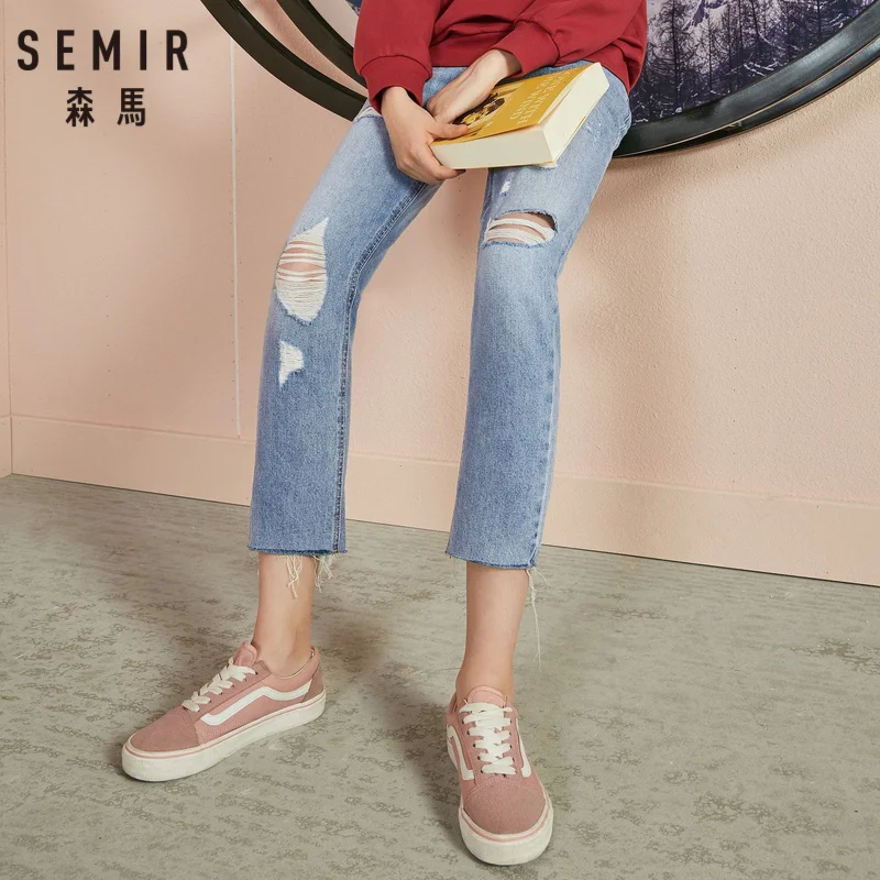 SEMIR женские укороченные джинсы из 100% хлопка с необработанными краями Ретро стиль - Фото №1