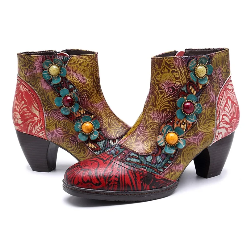 

TOTOMELA 2020 genuine leather ankle boots for women bohemia zipper flower ladies retro thick high heels boots women shoes