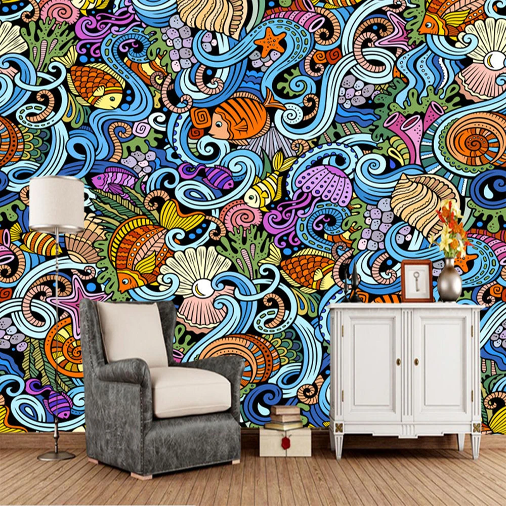 

Papel de parede Colorful doodle style underwater world 3d wallpaper,living room sofa TV wall kids' bedroom restarant bar mural