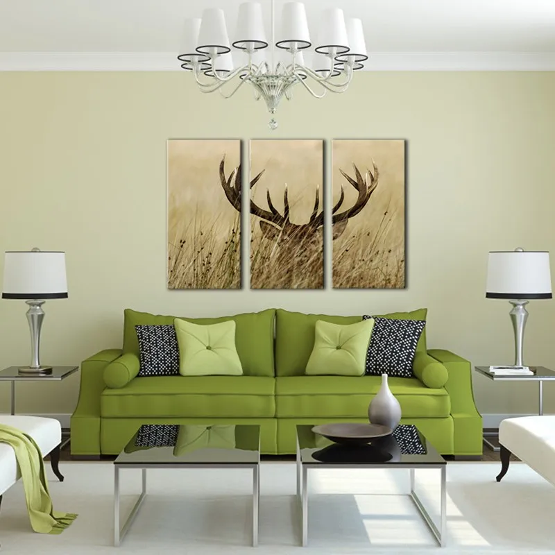Настенная картина из 3 панелей с оленем и длинным в кусте рисунок на холсте