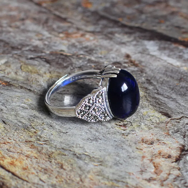New Arrival 925 Sterling Silver Women's Athena Beautiful Blue Corundum Opening Ring Vintage Style For Mother Gift RR233 | Украшения и