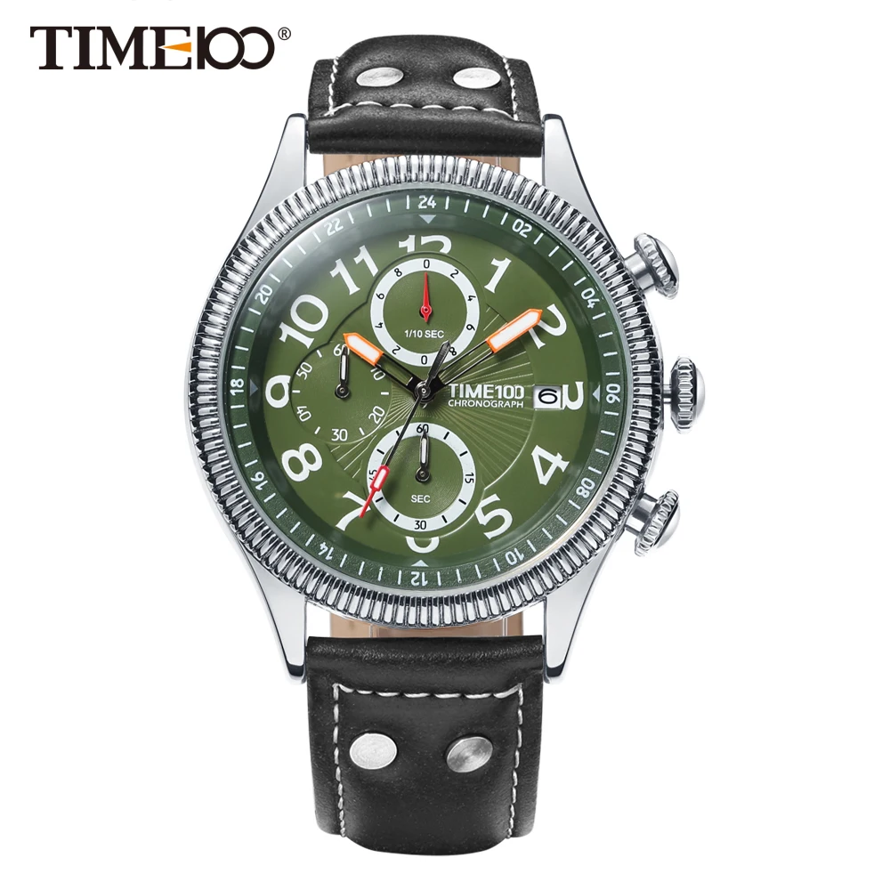 

Time100 Watches Men Leather Strap Quartz Watches green dial Calendar Auto Date Business Casual Wrist Watches relogios masculino