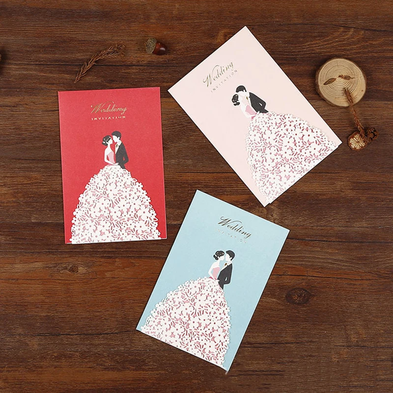 

50pcs Pink Blue Red Laser Cut Bride Groom Wedding Invitations Card Elegant Greeting Card Envelopes Wedding Party Favor Supplies