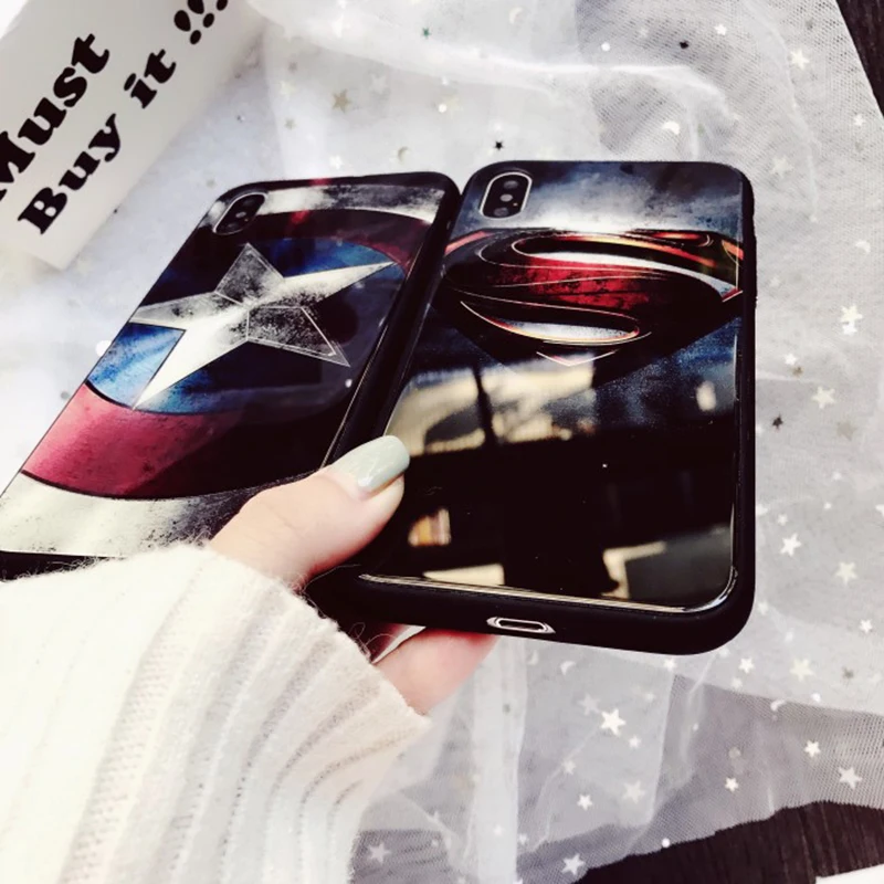 Marvel Phone Cases Superman Captain America Iron Man Tempered Glass TP for iPhone 5 5S SE 6 6S 7 8 X Plus XS MAX XR XSMax Case |