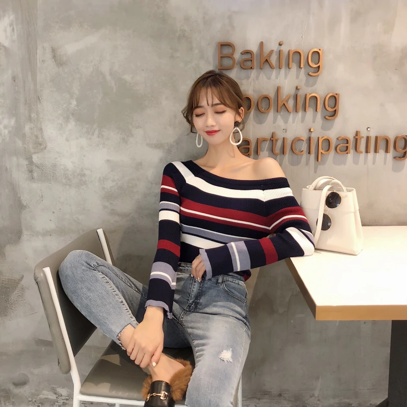 2019 autumn winter Korean wild models Geometric color matching Bell sleeve slim stretch sweater women clothing |