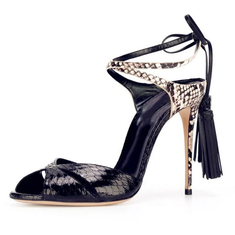 KEAIQIANJIN Women Snakeskin Pattern Sandals Summer Yellow Blue Sexy Pumps Fringe Plus Size 34 - 43 Wedding High Heels | Обувь