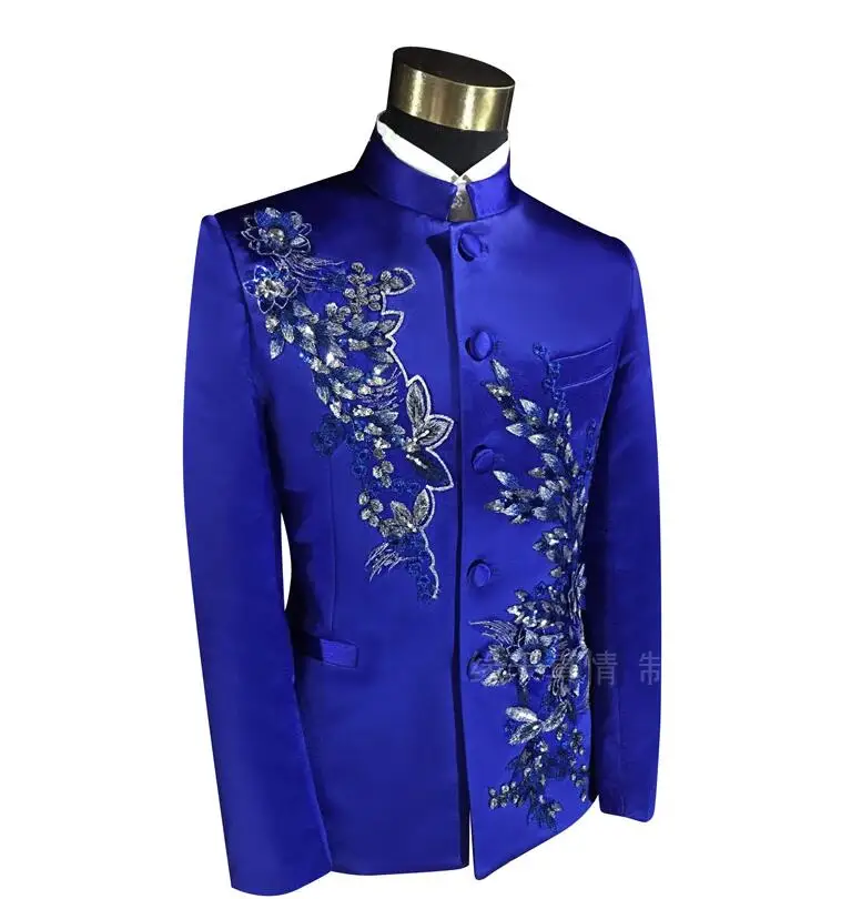 Blazer men Chinese tunic suit set with pants mens wedding suits costume singer stage Blue embroidery clothing slim formal dress | Мужская