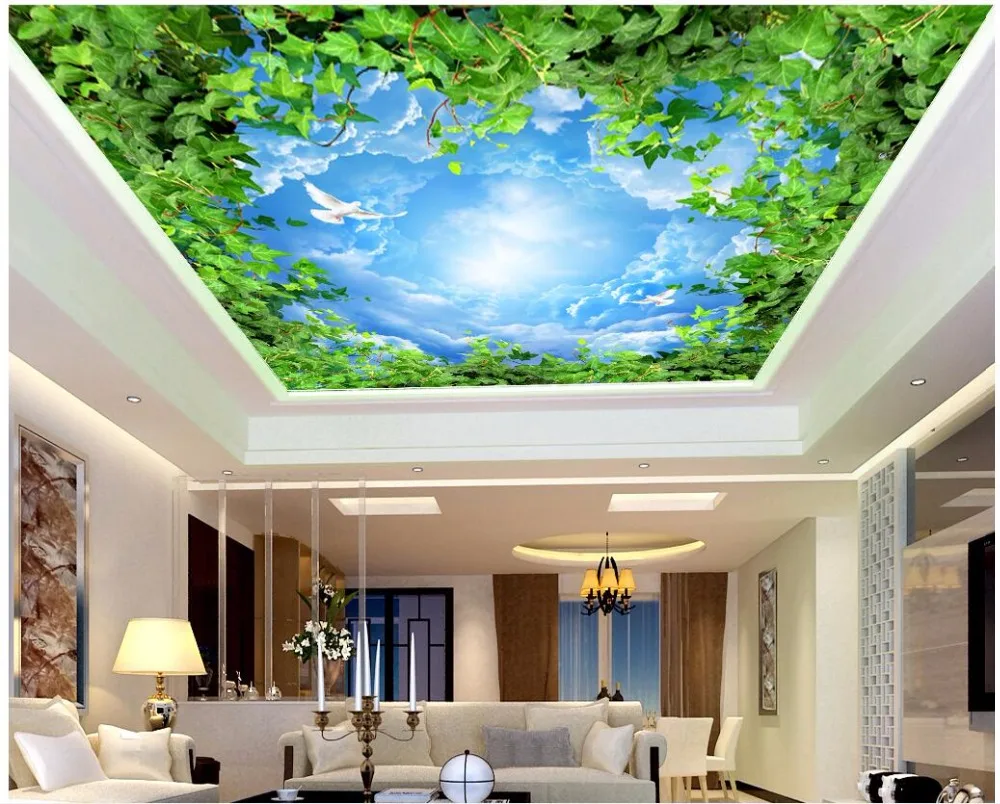 

3d room wallpaper custom photo Green leaves blue sky and white clouds ceiling murals 3d wall murals wallpaper for walls 3 d