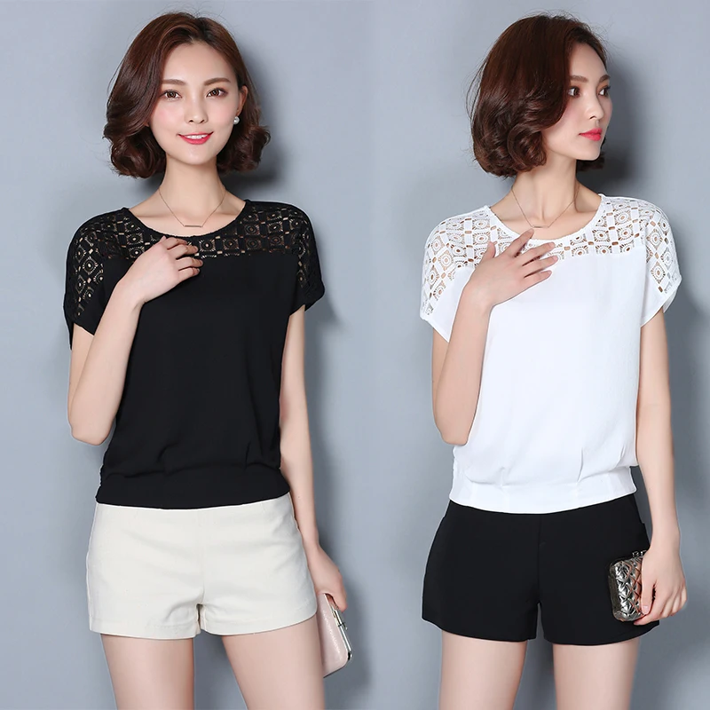 new fashion brand summer style Women's Clothing Blouses lace Hollow out chiffon Shirts o-neck Female short sleeve loose tops | Женская