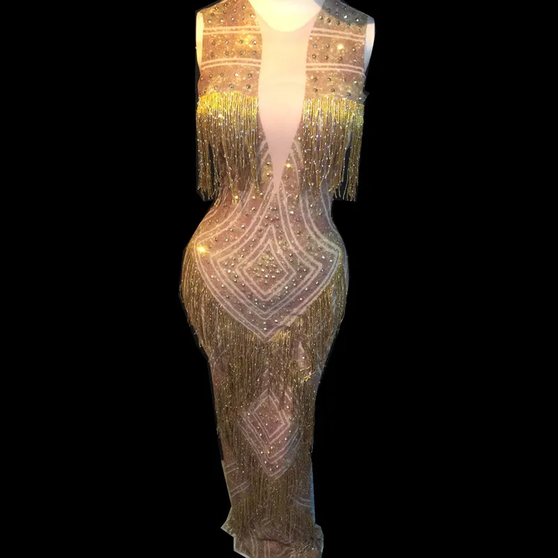 Сексуальные платья без рукавов с бахромой вечернее длинное платье певицы