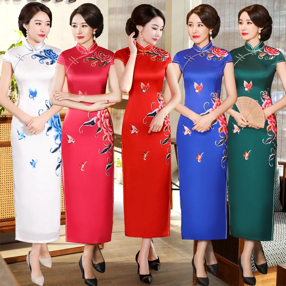 

2019 Summer Long Cheongsam Novelty Chinese style Dress Womens Rayon Qipao Slim Party Dresses Lady Button Vestido Size S-XXXL