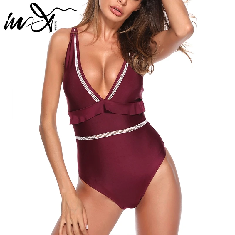 In X Ruffle бикини 2019 пуш ап купальник женский Монокини Глубокий v купальный костюм
