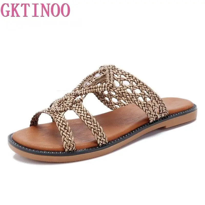 GKTINOO 2021 High Quality Woman Summer Slippers Comfortable Low Heel Ethnic Retro Shoes Classic Casual Elegant Beach Slides | Обувь