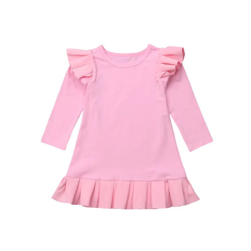 Pink PUDCOCO Fashion Girl Princess Fly Sleeve Dress Kid Baby Party Wedding Pageant Long Sleeve Autumn cotton Dresses Clothes 1-6T - Color: Pink