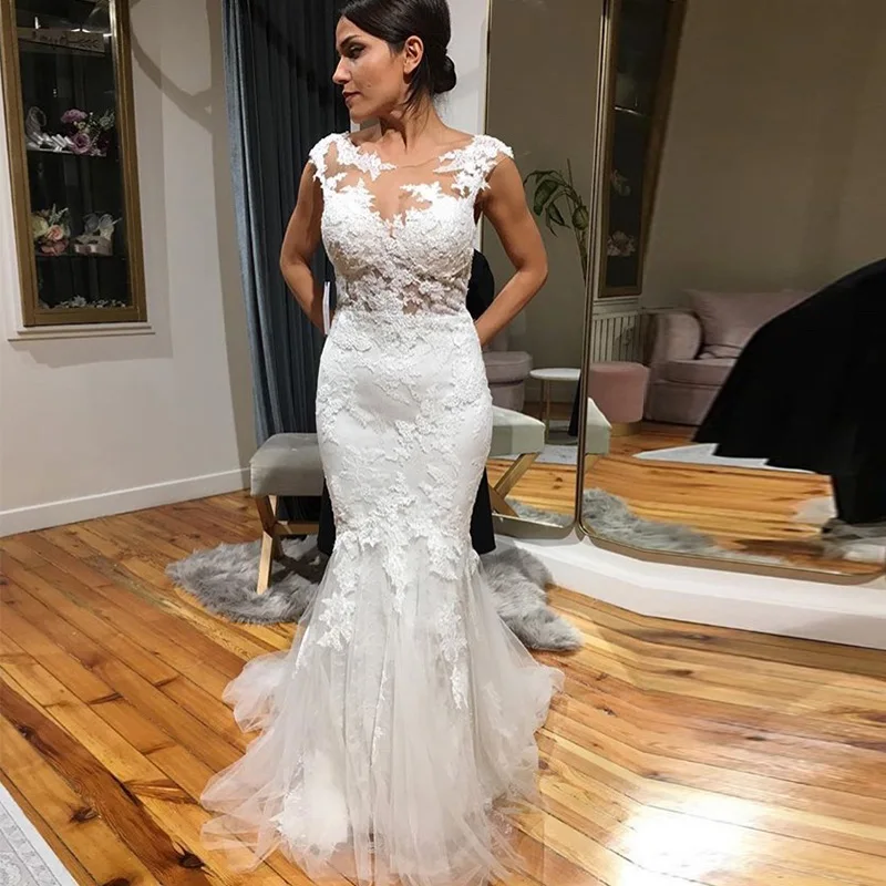 Elegant Mermaid Wedding Dresses Illusion Bodice Scoop Neck Cap Sleeve Backless Sweep Train Full Length Boho Bridal Dress | Свадьбы и