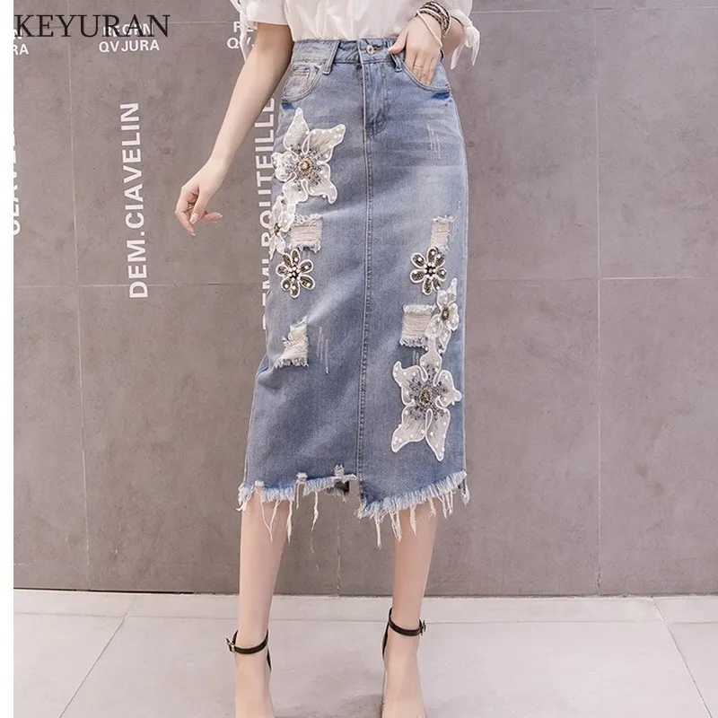 Женская джинсовая юбка с бахромой асимметричная рваная высокой талией и
