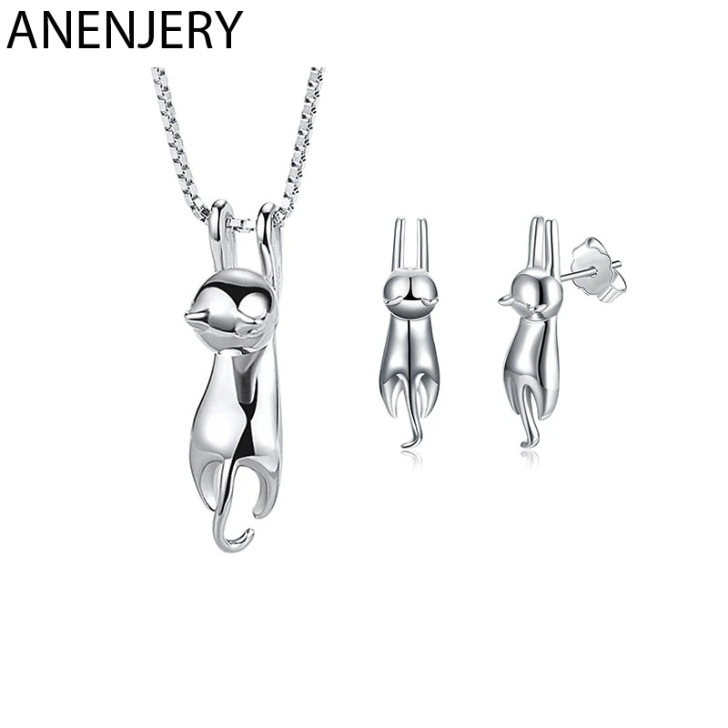 ANENJERY 925 пробы серебряные Ювелирные наборы милое животное, кошка ожерелье+ серьги для женщин подарок для девочек