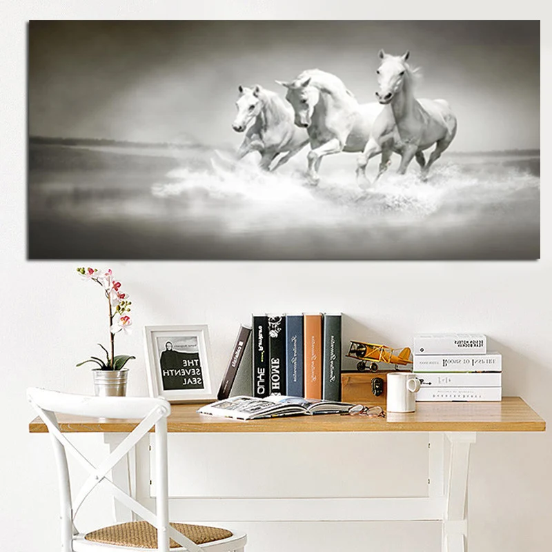 Modern White Horses Running in River Oil Painting HD Print on Canvas Poster Wall Pop Art Picture for Living Room Sofa Cuadros | Дом и сад