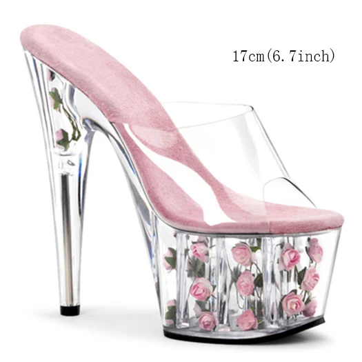 pink 17cm slipper Стеклянные тапочки туфли-лодочки с цветком Большие размеры сандалии красивая женская обувь прозрачный ремешок каблуки большой perspex stiletto slides платформа высокие розовые - Цвет: pink 17cm slipper