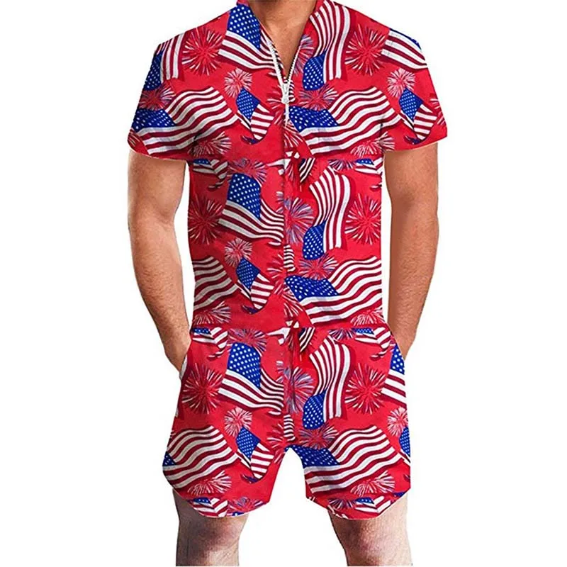 US Flag Men Rompers 3D Floral Print Funny Jumpsuit Playsuit Male Harem Cargo Overalls One Piece Beach Slim Fit Men's Sets 3XL