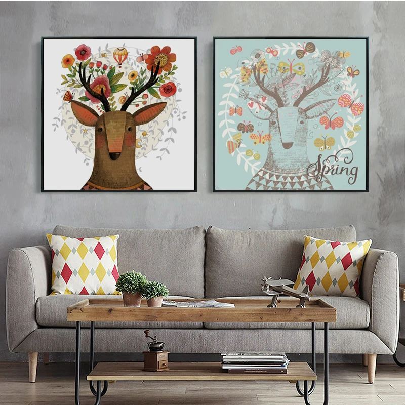 Минималистичная картина в скандинавском стиле с изображением животного оленя