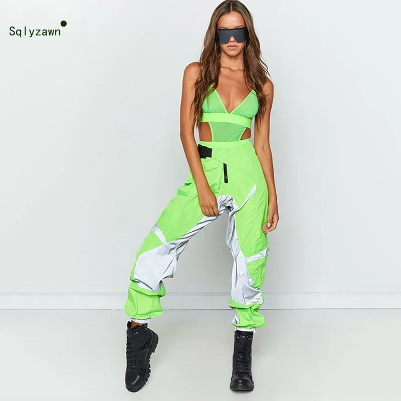 Женские уличные лоскутные брюки карго флуоресцентные Светоотражающие неоновые