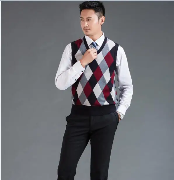 Высококачественный мужской модный свитер без рукавов с узором ромбиками Мужской