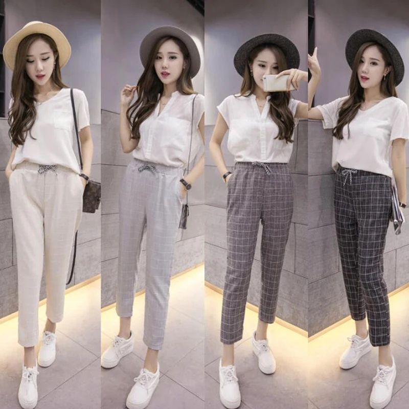 Женские клетчатые брюки со шнурком повседневные осенние средней талией модные