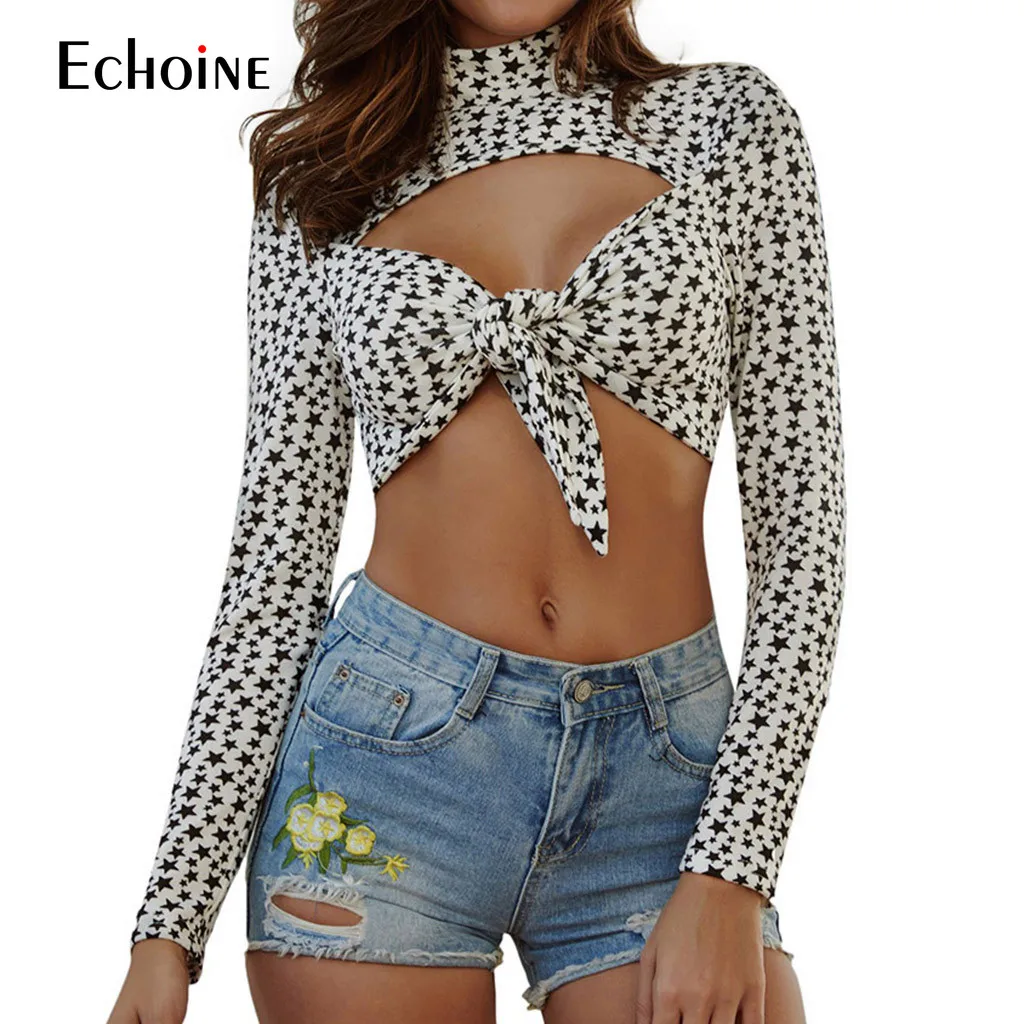 Женский укороченный Топ с длинным рукавом ажурная бандажная рубашка и принтом
